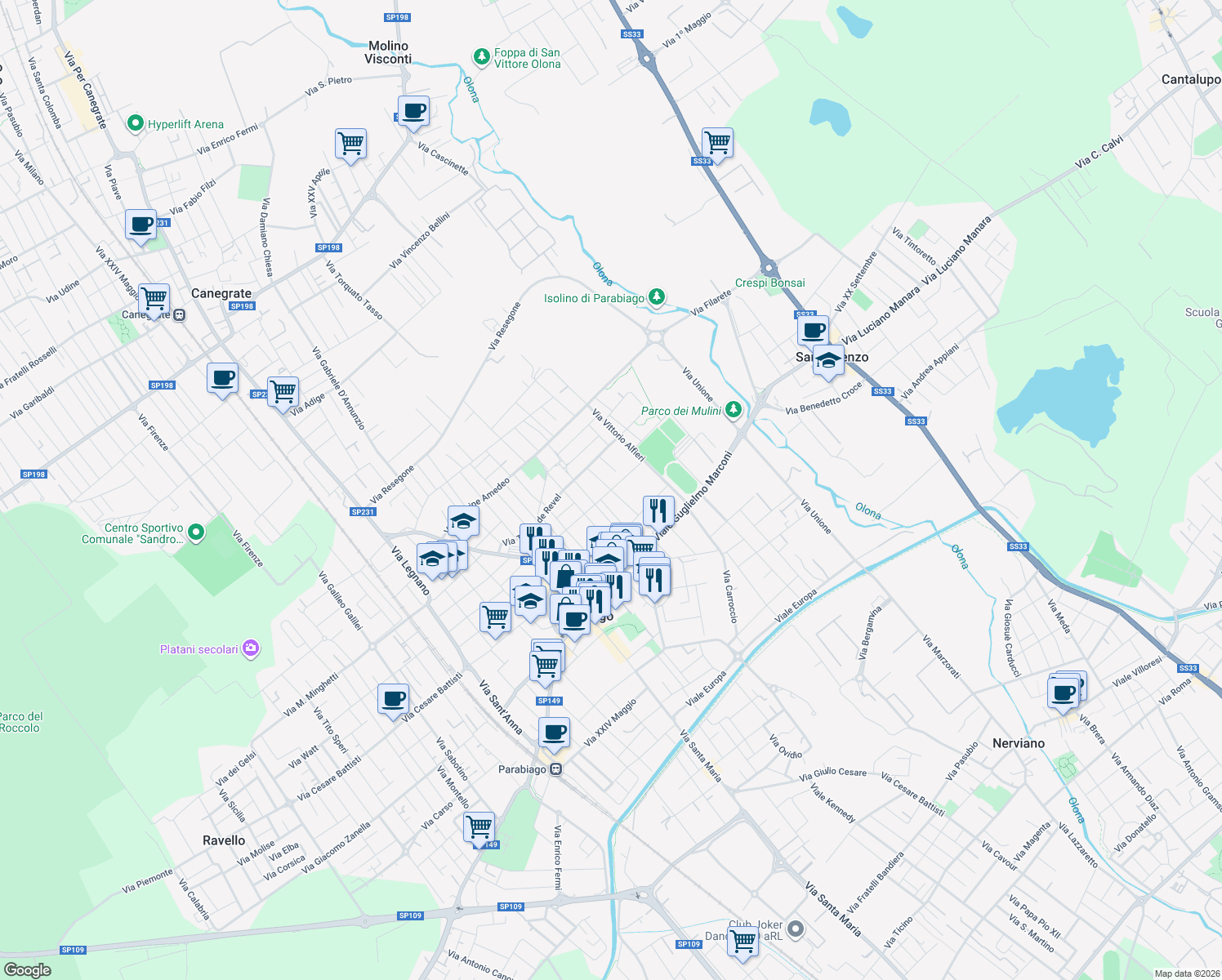 map of restaurants, bars, coffee shops, grocery stores, and more near Via Emilio Caldara in Parabiago