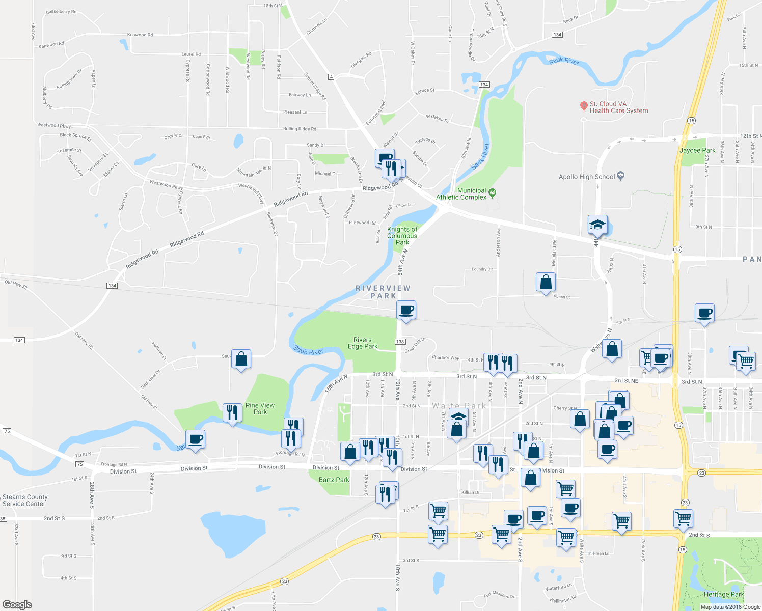 map of restaurants, bars, coffee shops, grocery stores, and more near 519 54th Avenue North in St. Cloud