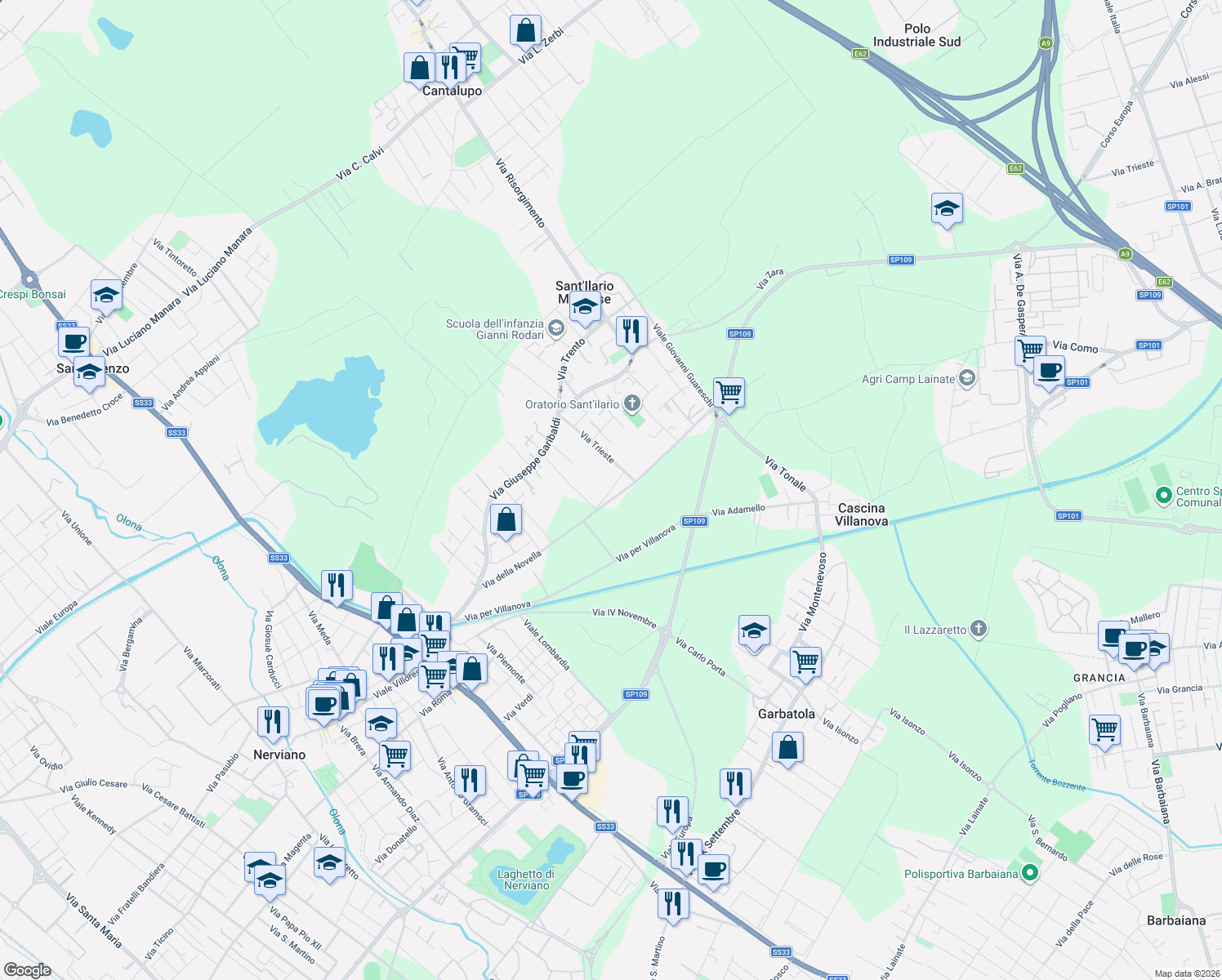 map of restaurants, bars, coffee shops, grocery stores, and more near 32 Via Trieste in Città metropolitana di Milano
