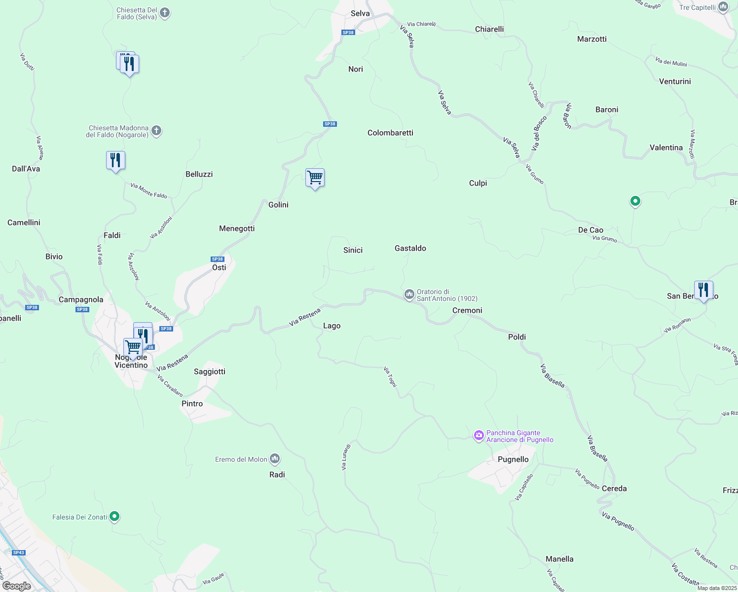 map of restaurants, bars, coffee shops, grocery stores, and more near 3 Via Zolo in Provincia di Vicenza