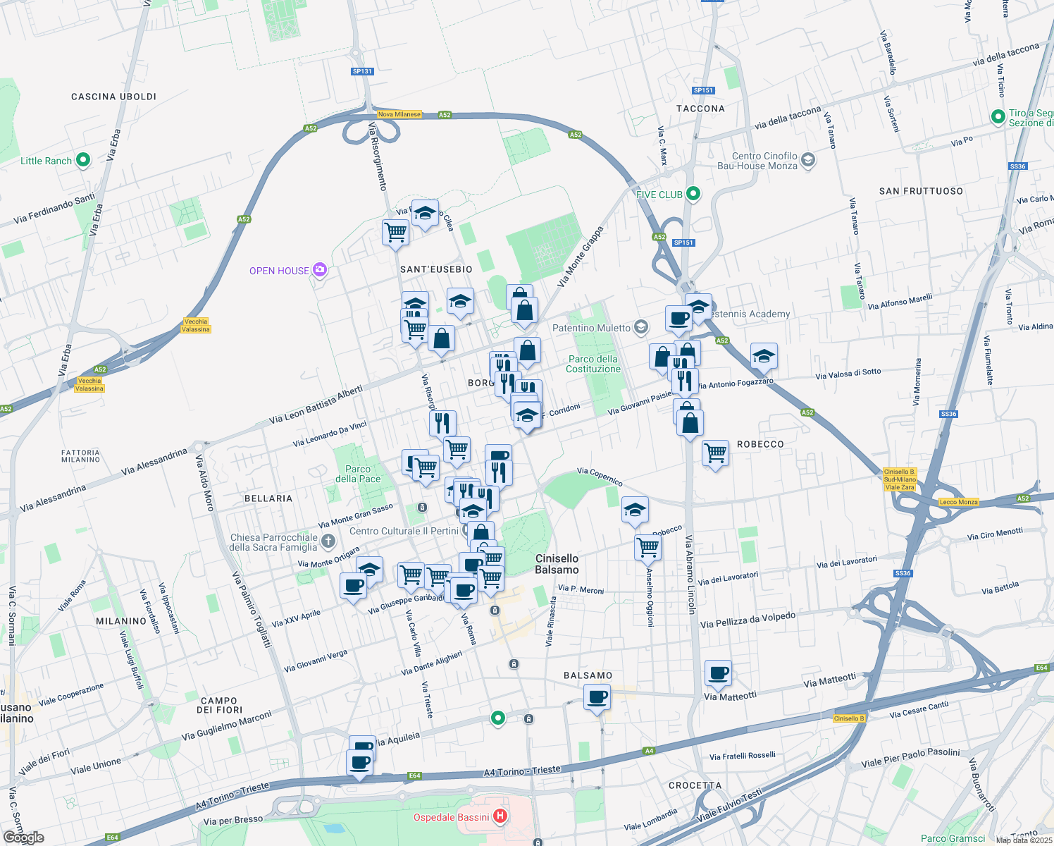 map of restaurants, bars, coffee shops, grocery stores, and more near Via Francesco Cilea in Cinisello Balsamo