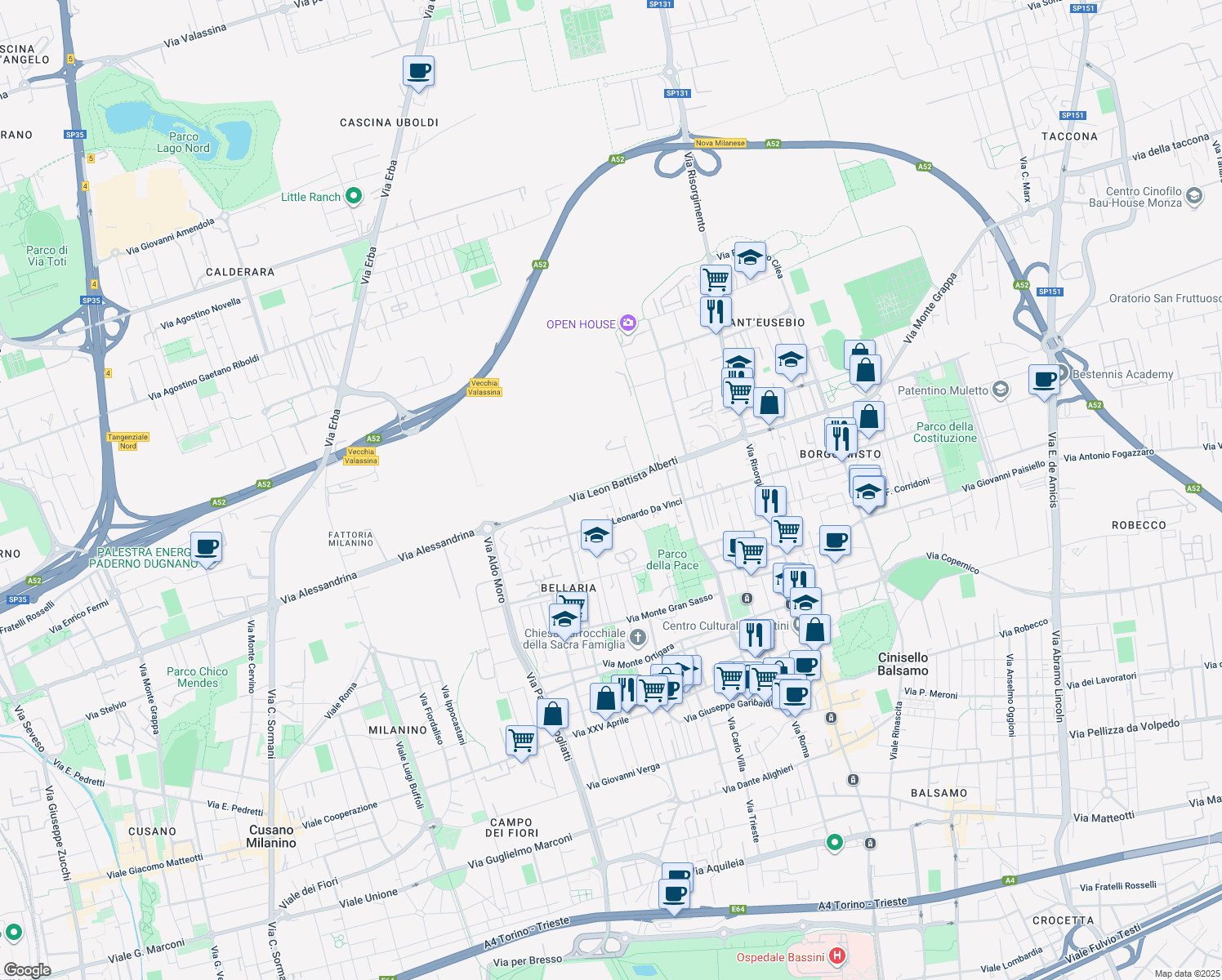 map of restaurants, bars, coffee shops, grocery stores, and more near 22 Via Pier della Francesca in Cinisello Balsamo