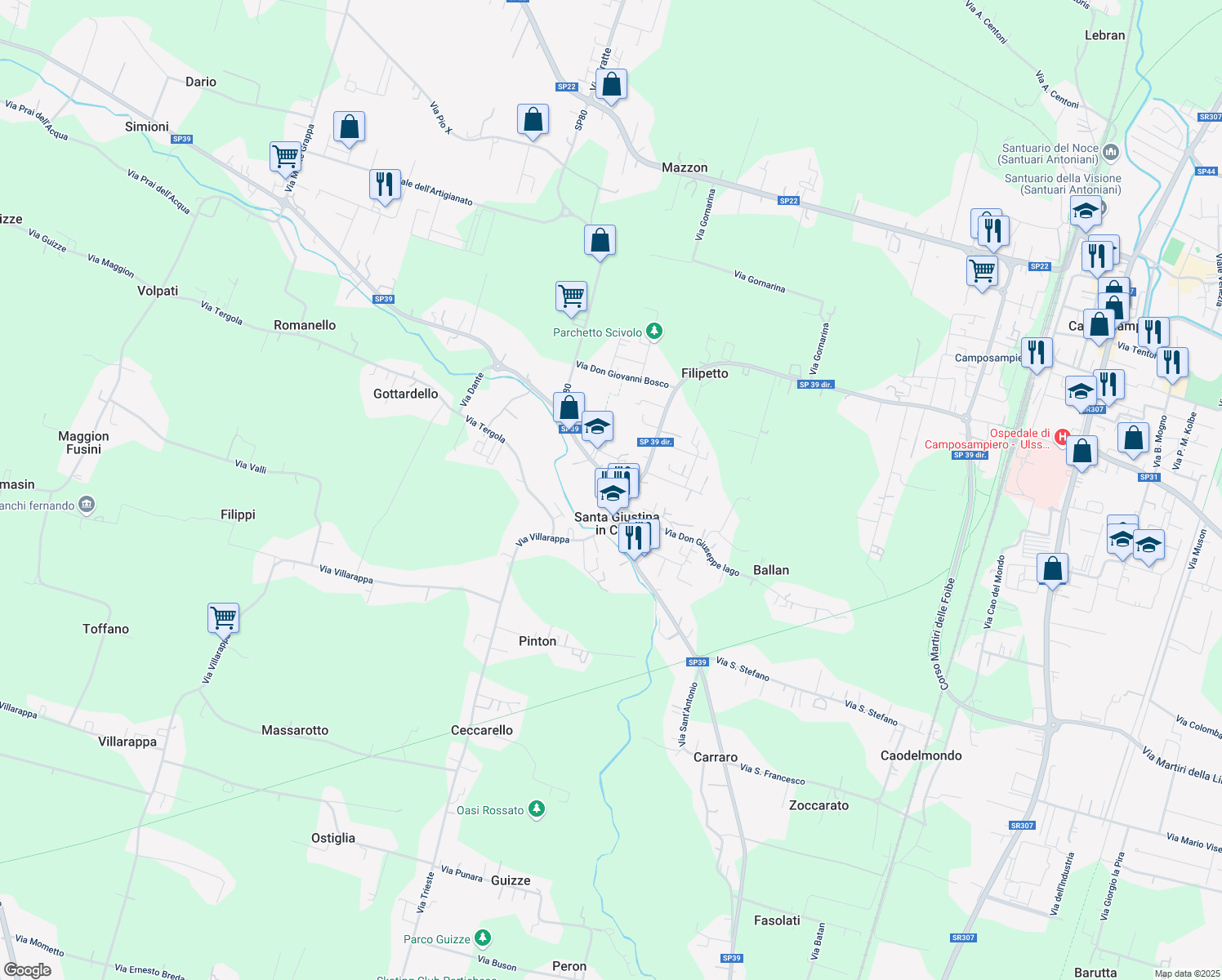 map of restaurants, bars, coffee shops, grocery stores, and more near 10 Via Dante Alighieri in Santa Giustina In Colle