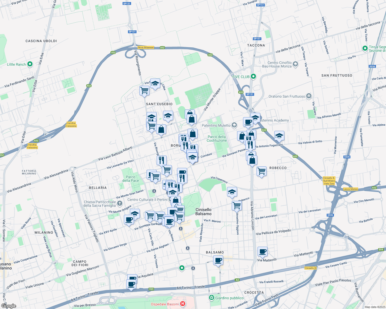 map of restaurants, bars, coffee shops, grocery stores, and more near Via Francesco Cilea in Cinisello Balsamo