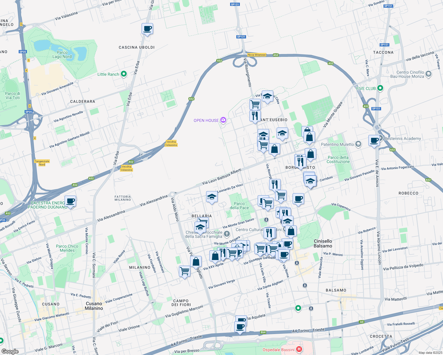 map of restaurants, bars, coffee shops, grocery stores, and more near 22 Via Piero della Francesca in Cinisello Balsamo