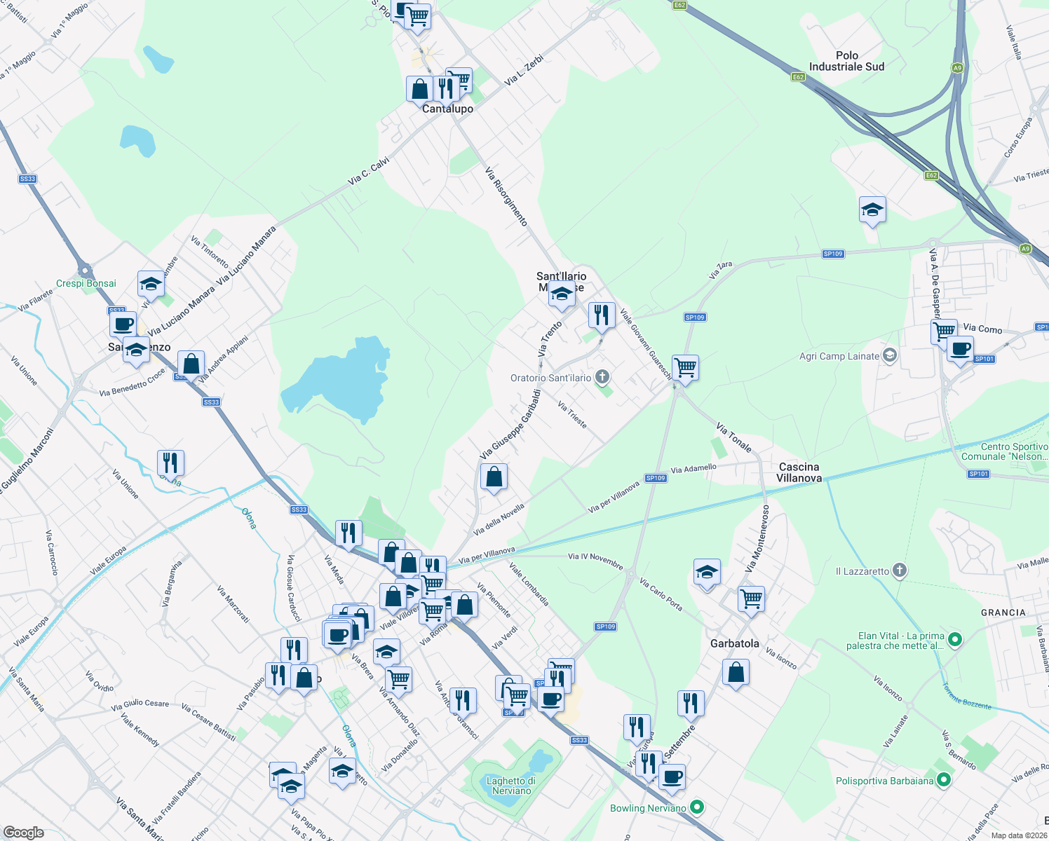 map of restaurants, bars, coffee shops, grocery stores, and more near 2 Via Montello in Nerviano