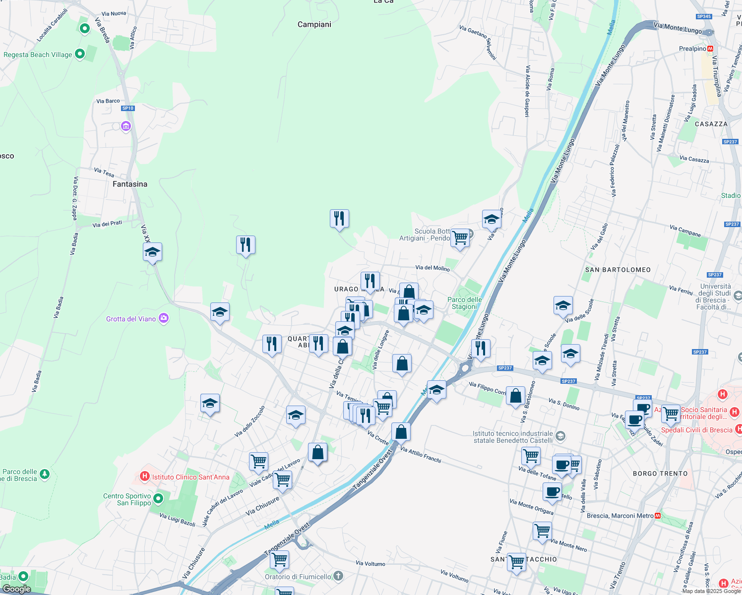 map of restaurants, bars, coffee shops, grocery stores, and more near 5 Via della Piazza in Brescia