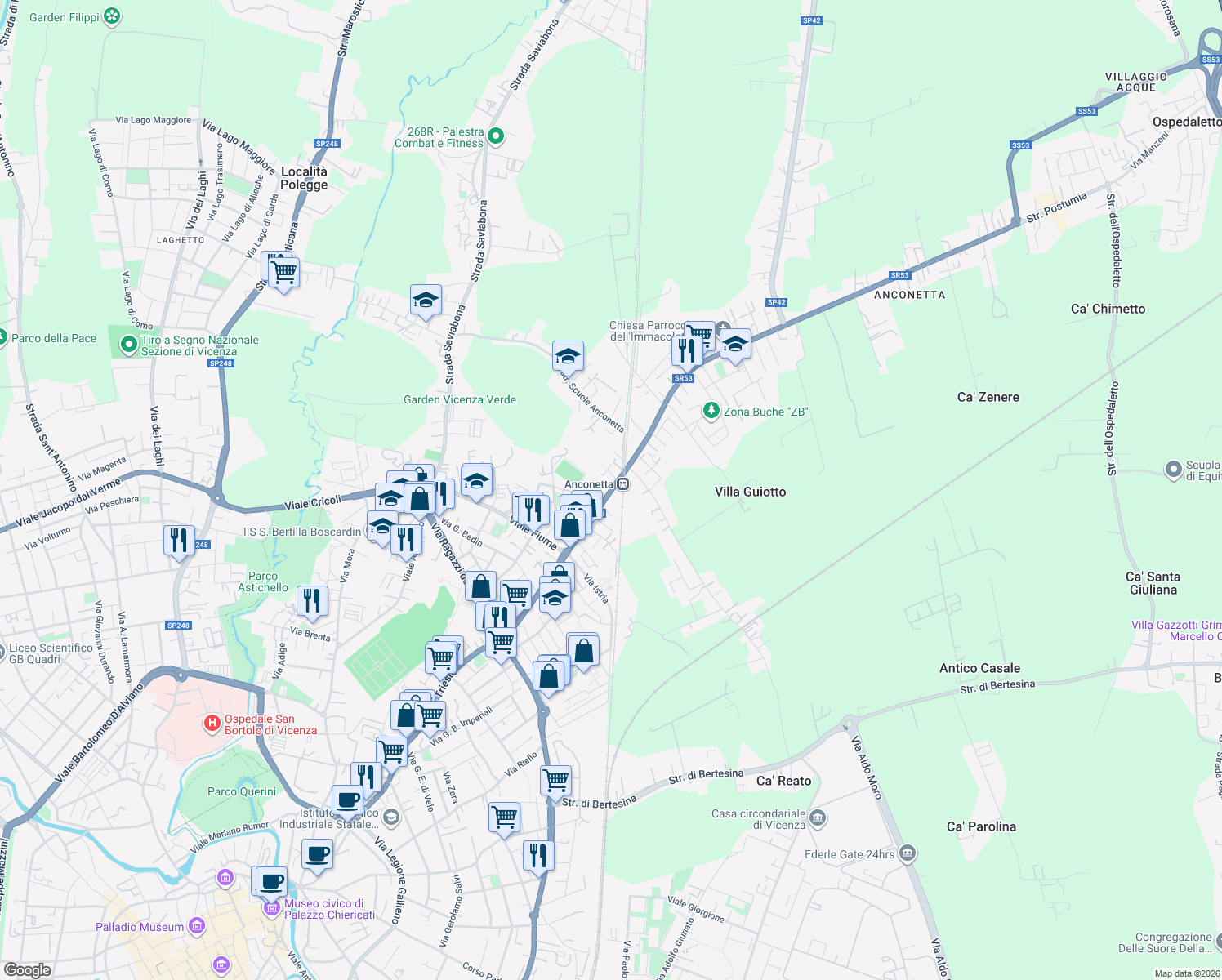 map of restaurants, bars, coffee shops, grocery stores, and more near 441 Viale Trieste in Vicenza