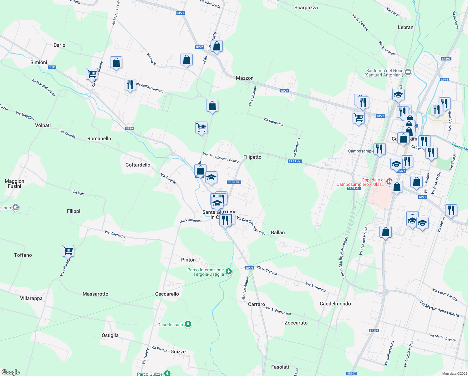 map of restaurants, bars, coffee shops, grocery stores, and more near 20 Via Roma in Santa Giustina In Colle