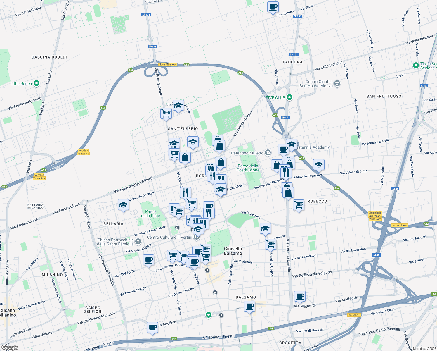 map of restaurants, bars, coffee shops, grocery stores, and more near 1 Via Gioacchino Rossini in Cinisello Balsamo