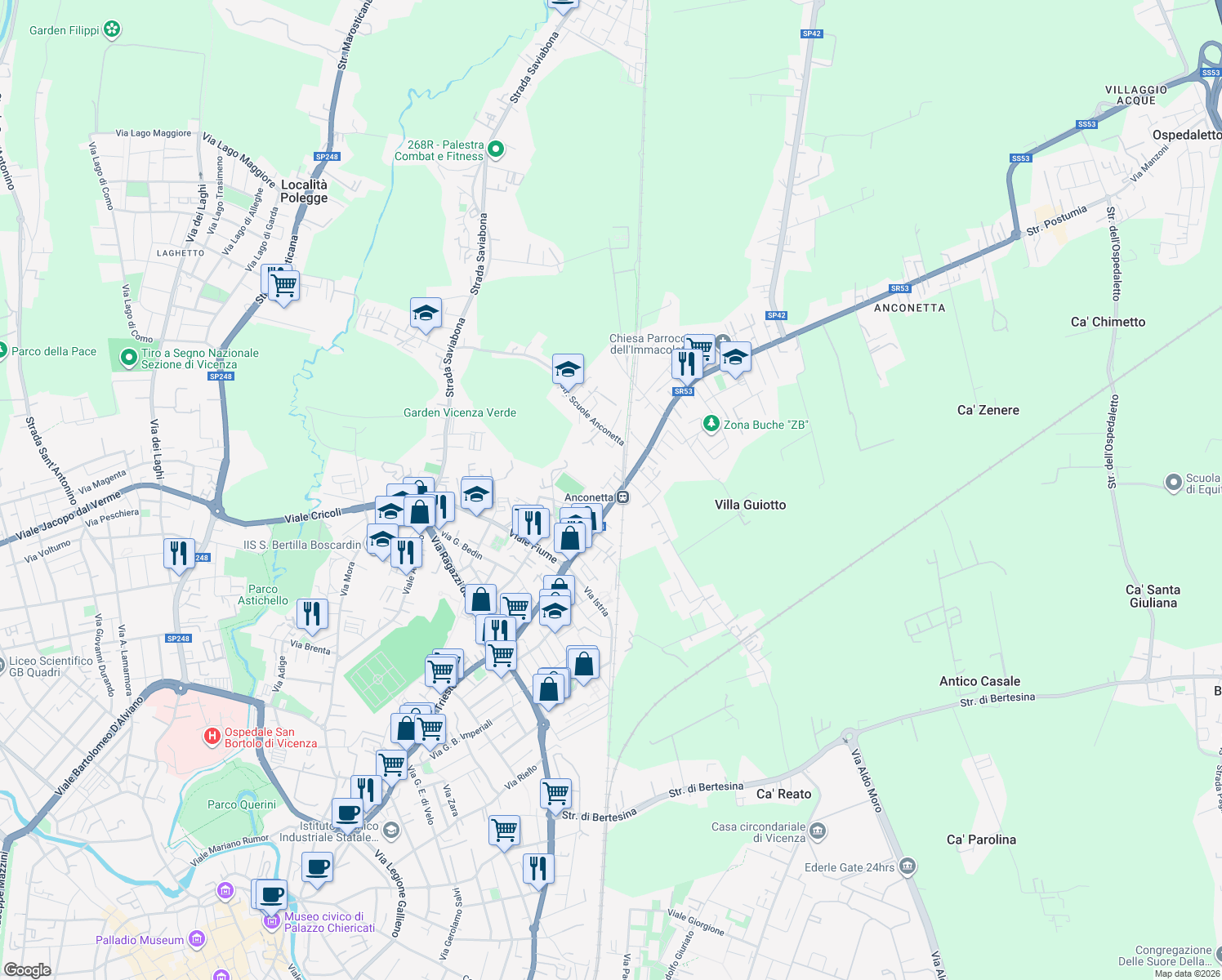 map of restaurants, bars, coffee shops, grocery stores, and more near 441 Viale Trieste in Vicenza