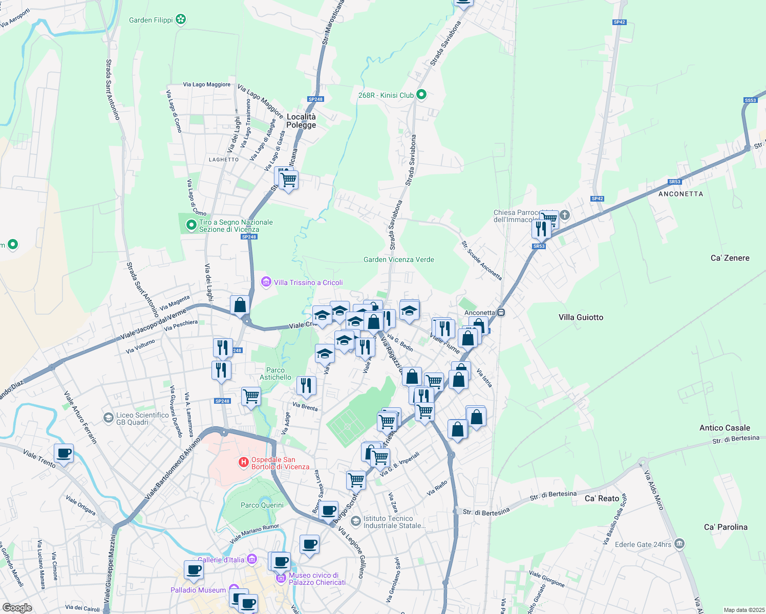 map of restaurants, bars, coffee shops, grocery stores, and more near 2 Viale Cricoli in Vicenza