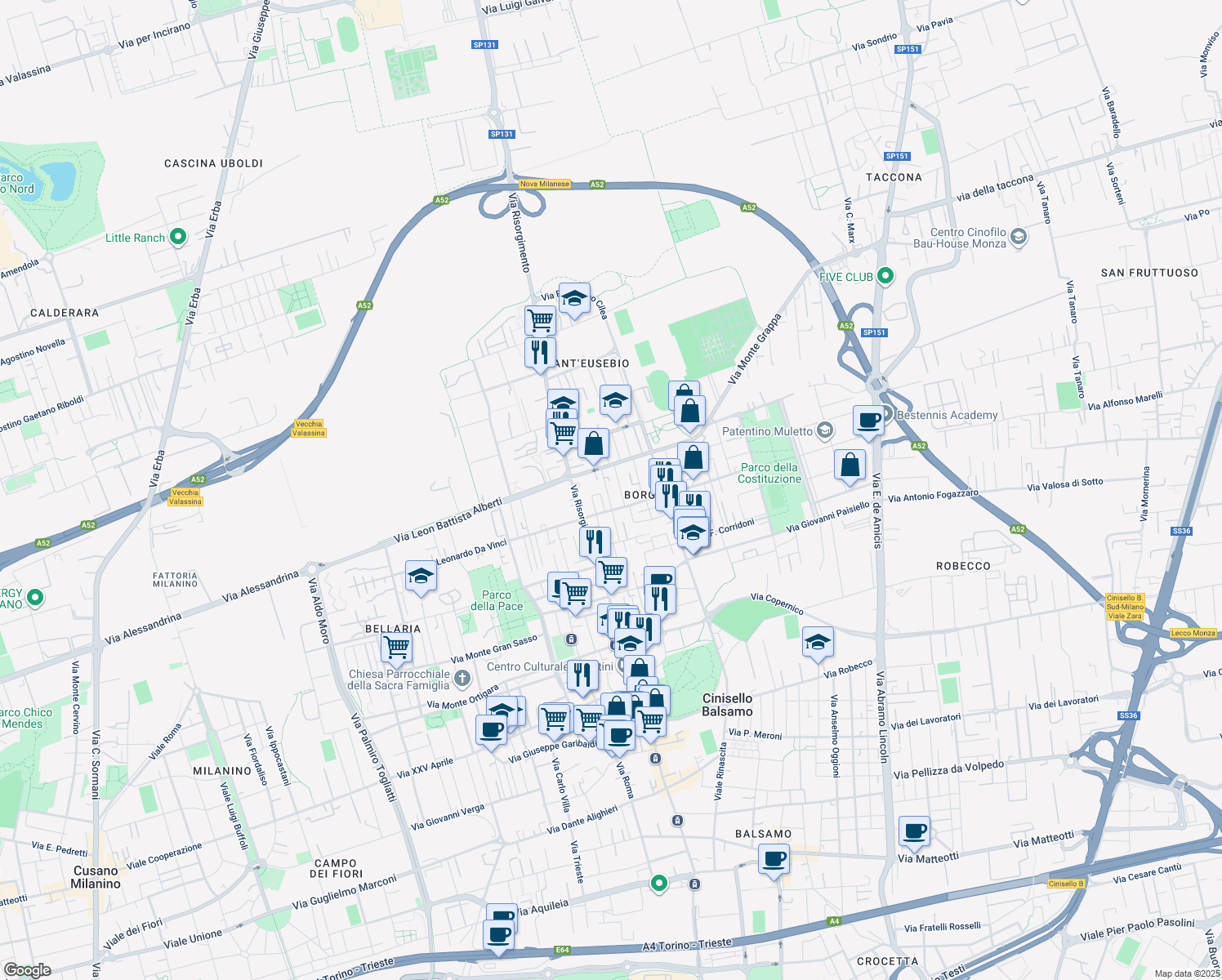 map of restaurants, bars, coffee shops, grocery stores, and more near 16 Via G. B. Lulli in Cinisello Balsamo
