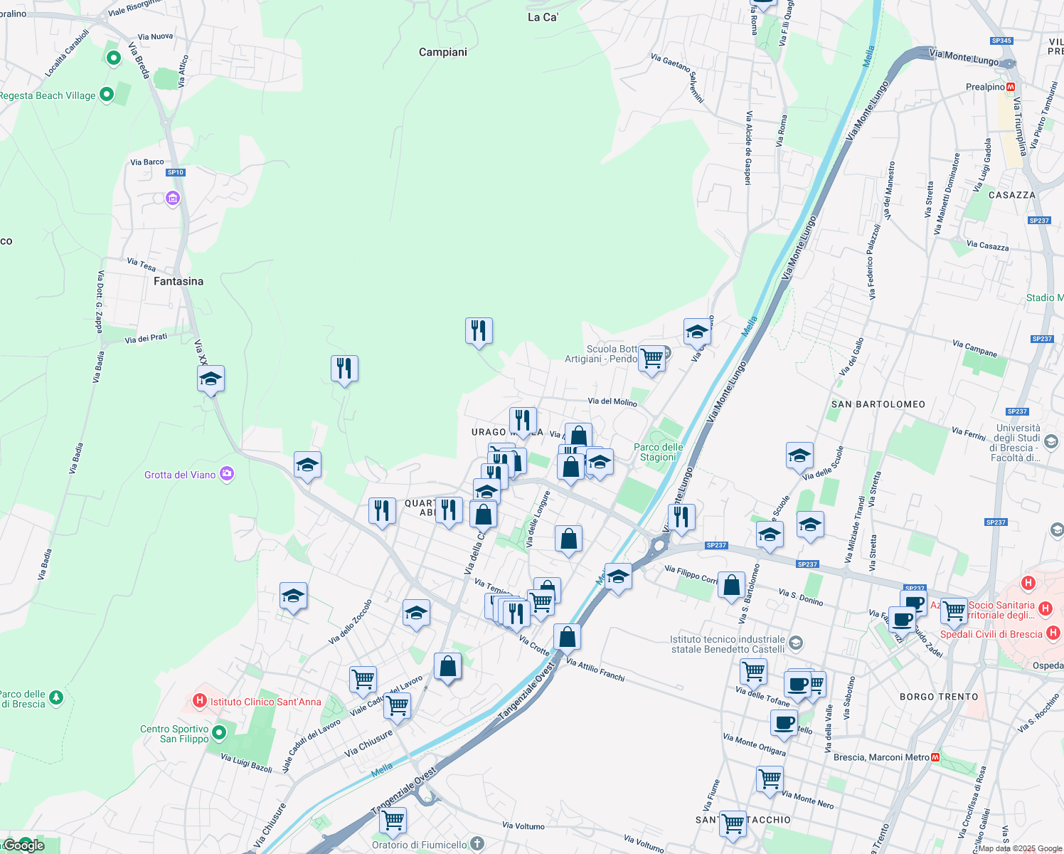 map of restaurants, bars, coffee shops, grocery stores, and more near 1-5 Via della Piazza in Brescia