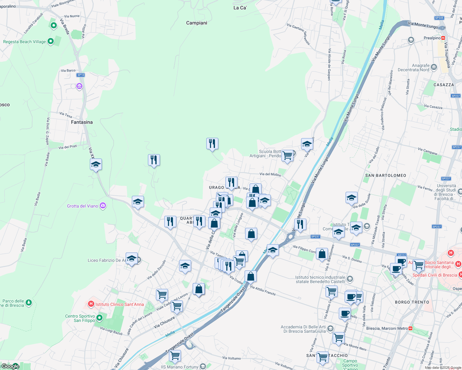 map of restaurants, bars, coffee shops, grocery stores, and more near 1-5 Via della Piazza in Brescia