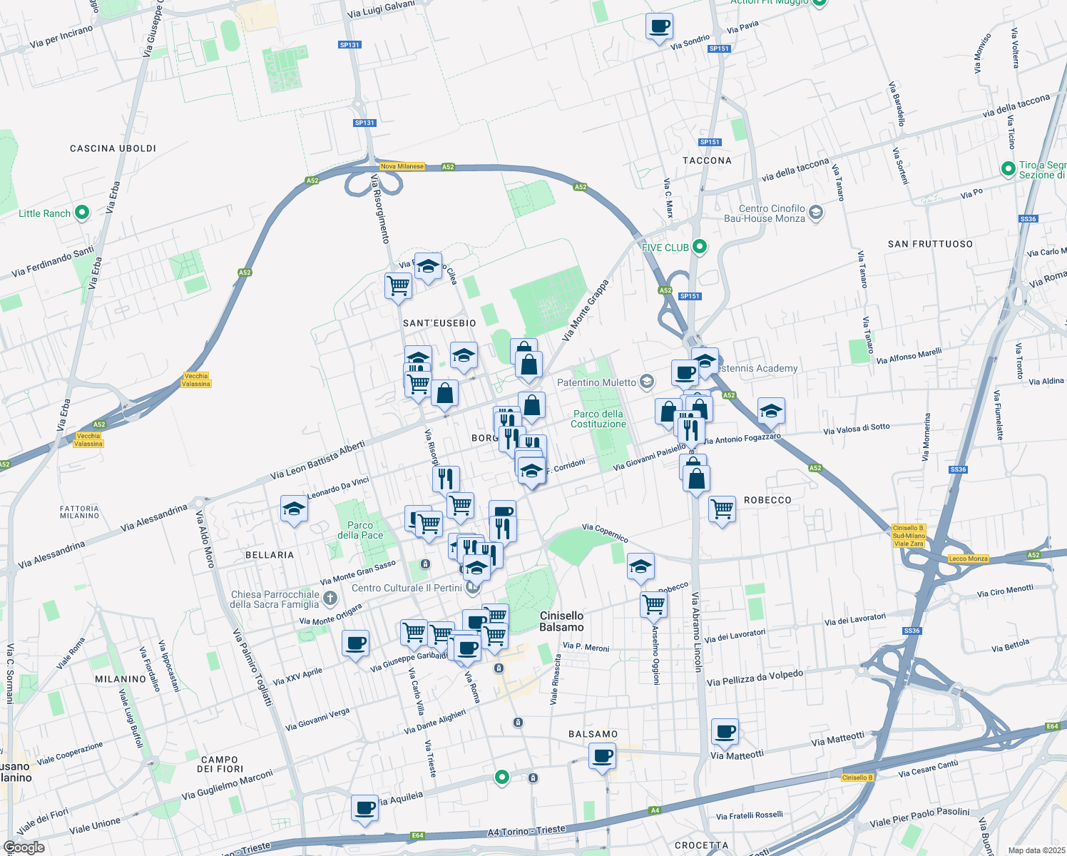 map of restaurants, bars, coffee shops, grocery stores, and more near 1 Via Gioacchino Rossini in Cinisello Balsamo