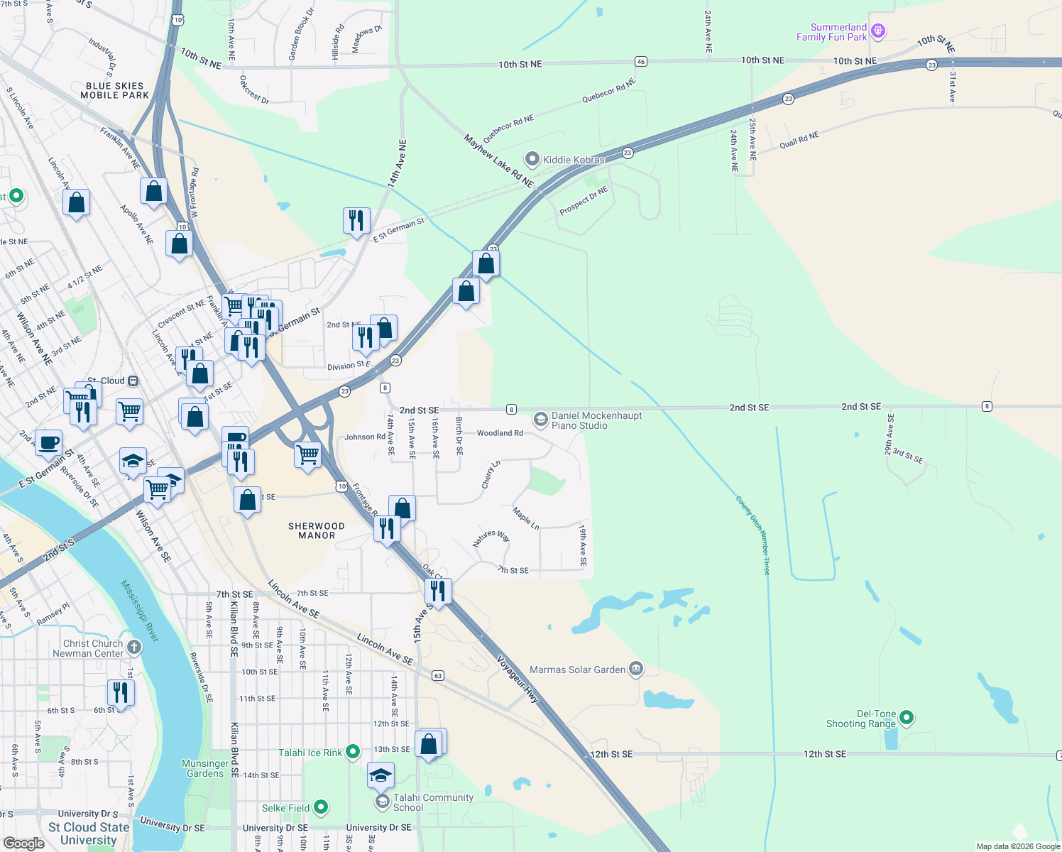 map of restaurants, bars, coffee shops, grocery stores, and more near 1735 Woodland Road in St. Cloud
