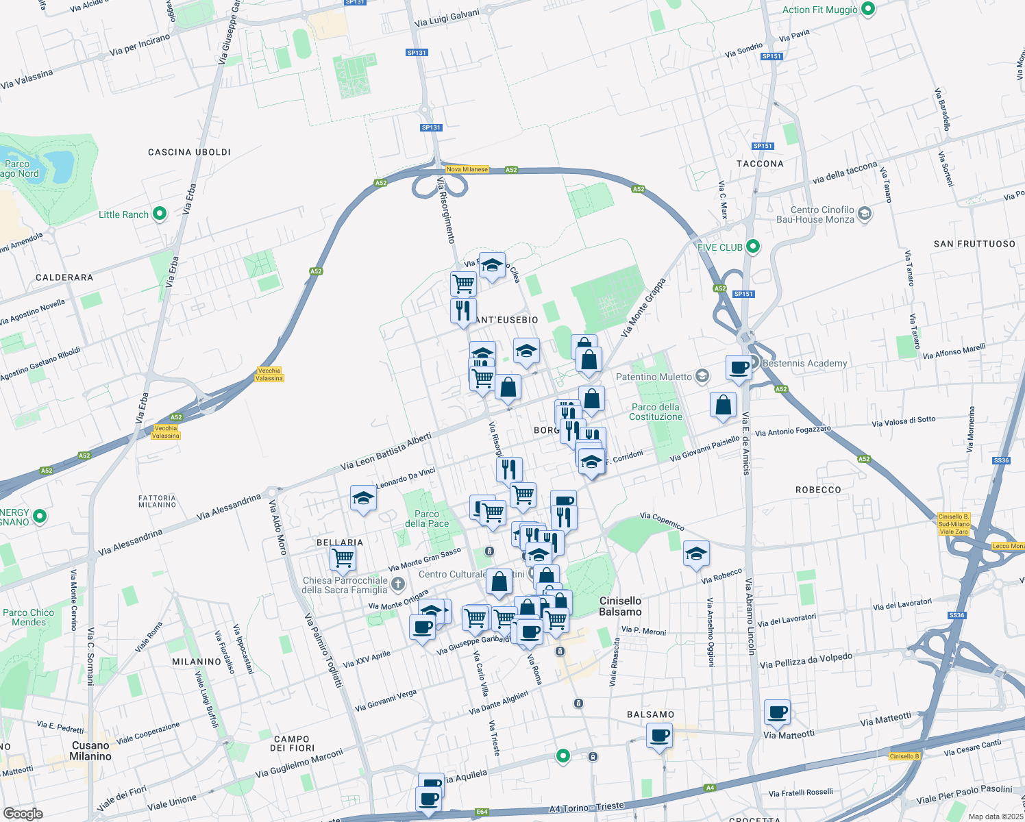 map of restaurants, bars, coffee shops, grocery stores, and more near 16 Via G. B. Lulli in Cinisello Balsamo