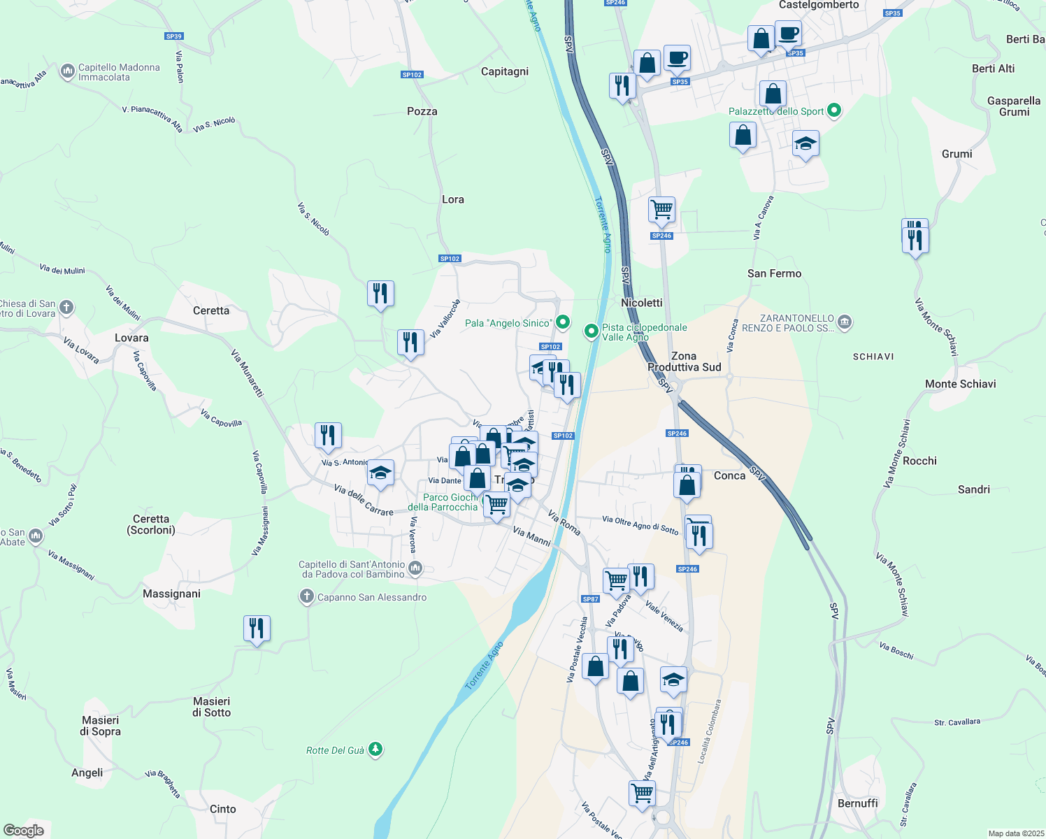 map of restaurants, bars, coffee shops, grocery stores, and more near 15 Via 4 Novembre in Trissino