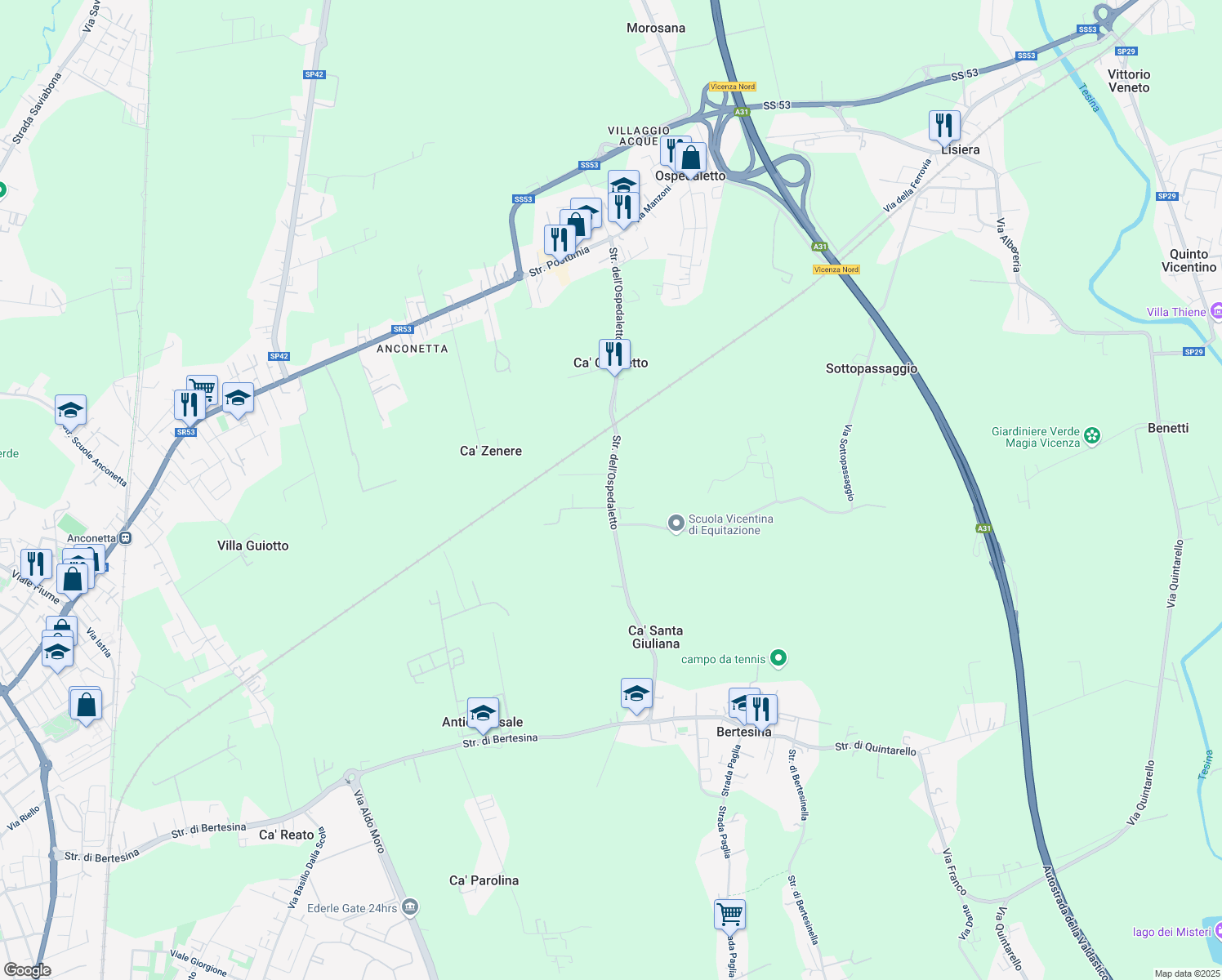 map of restaurants, bars, coffee shops, grocery stores, and more near Strada dell'Ospedaletto in Provincia di Vicenza