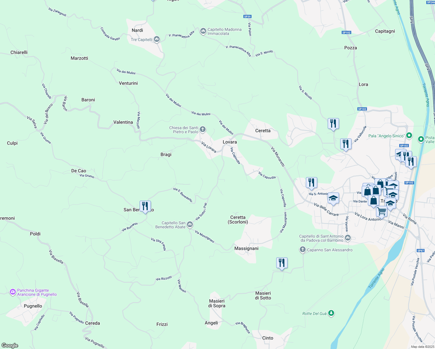 map of restaurants, bars, coffee shops, grocery stores, and more near 36 Via San Benedetto in Lovara