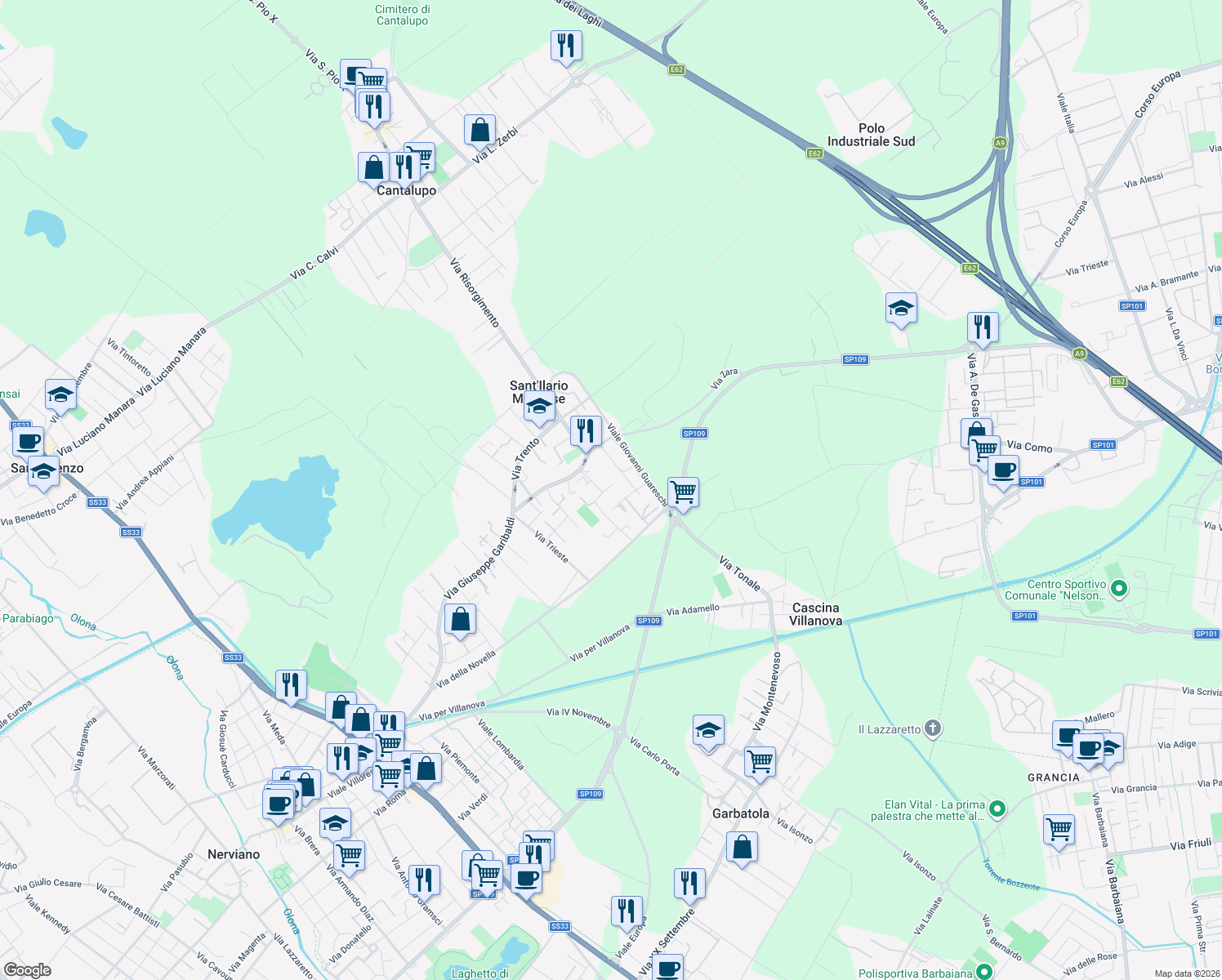 map of restaurants, bars, coffee shops, grocery stores, and more near 15 Via Indipendenza in Nerviano