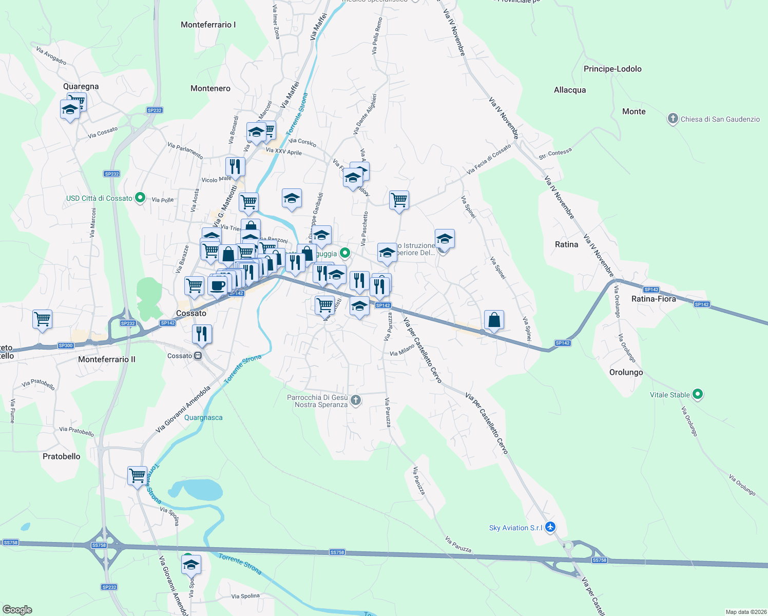 map of restaurants, bars, coffee shops, grocery stores, and more near 182 Via Martiri della Libertà in Cossato