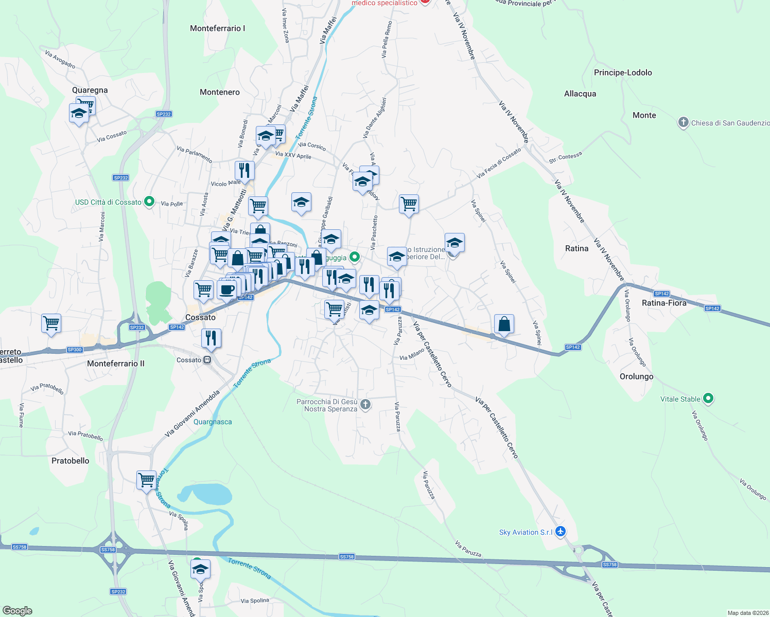 map of restaurants, bars, coffee shops, grocery stores, and more near 182 Via Martiri Libertà in Cossato