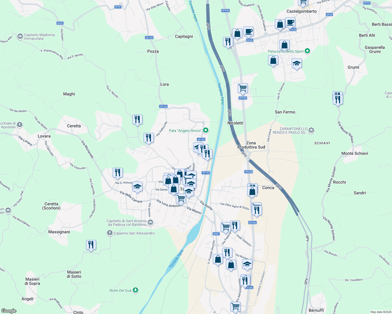 map of restaurants, bars, coffee shops, grocery stores, and more near 47 Via Palladio in Trissino