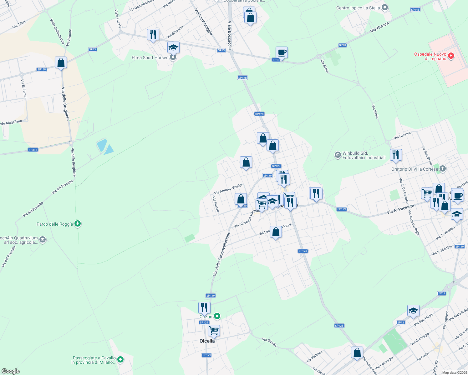 map of restaurants, bars, coffee shops, grocery stores, and more near 2 Via Antonio Vivaldi in Dairago