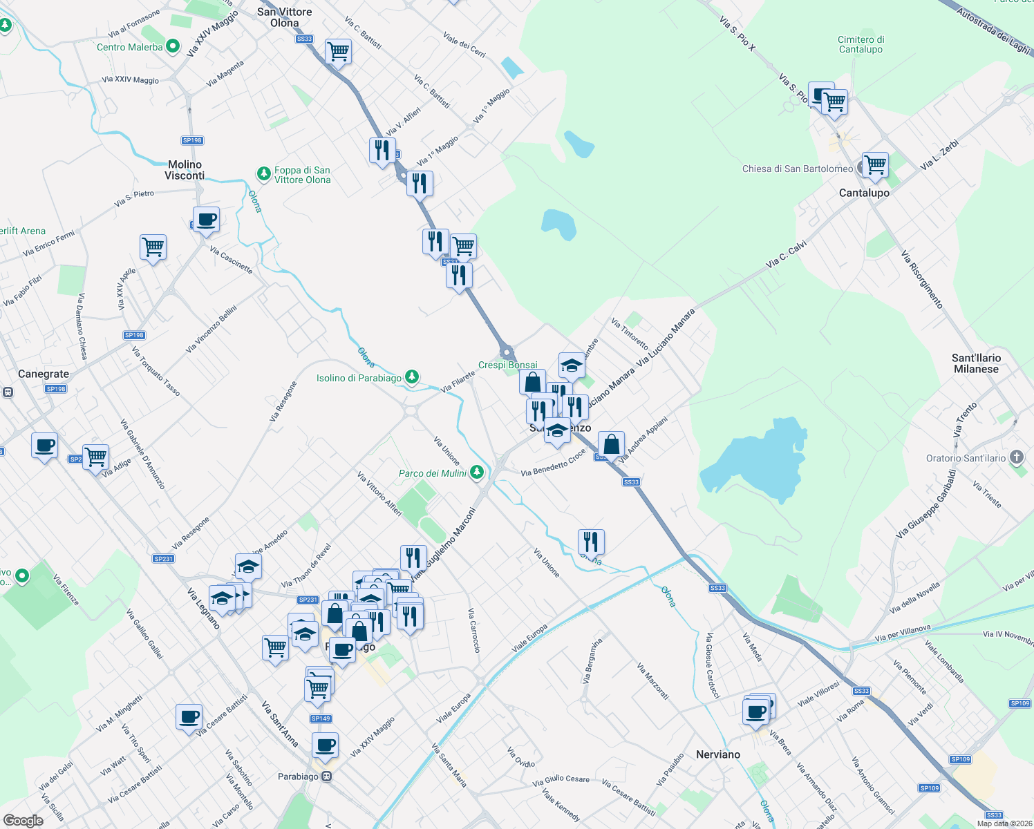 map of restaurants, bars, coffee shops, grocery stores, and more near 16 Via Alfonso Lamarmora in San Lorenzo di Parabiago