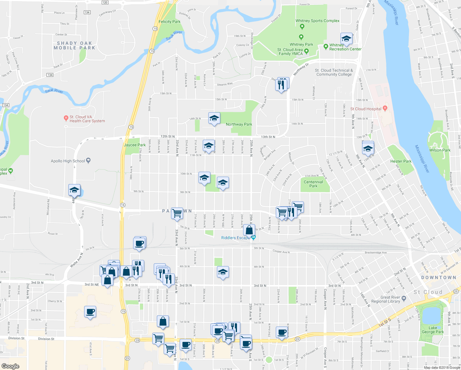 map of restaurants, bars, coffee shops, grocery stores, and more near 921 27th Avenue North in St. Cloud