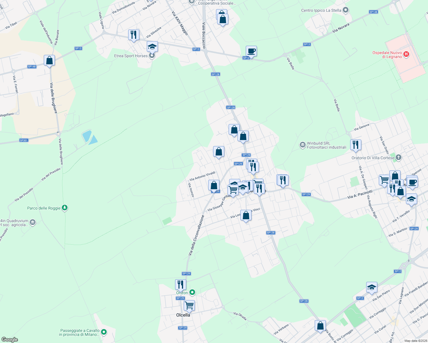 map of restaurants, bars, coffee shops, grocery stores, and more near 2 Via Antonio Vivaldi in Dairago