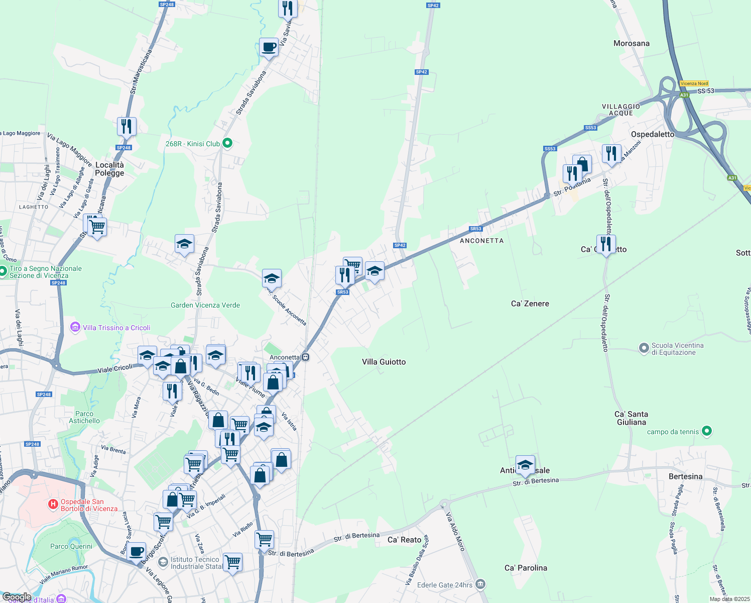map of restaurants, bars, coffee shops, grocery stores, and more near 20 Via Aurelio dall'Acqua in Vicenza