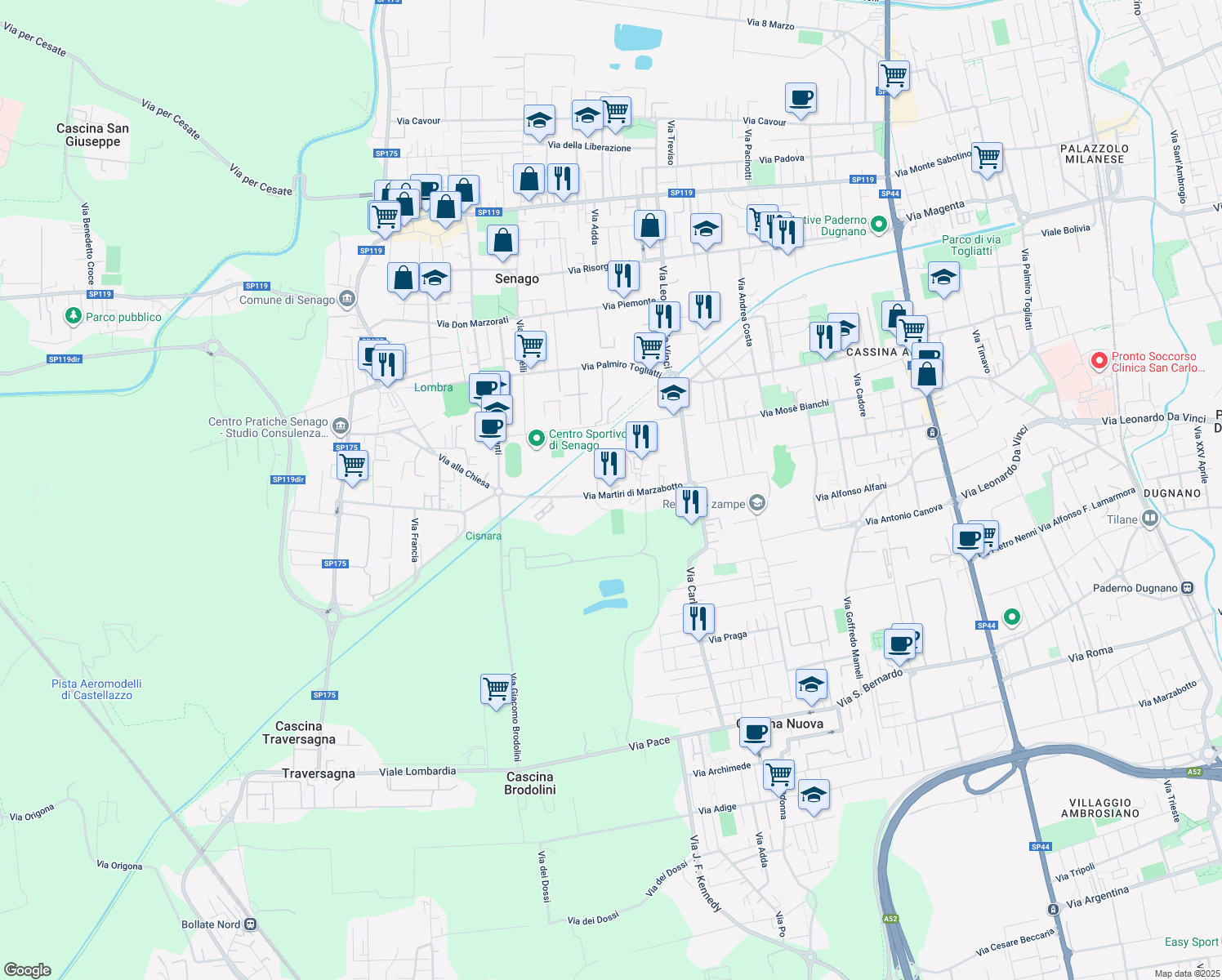 map of restaurants, bars, coffee shops, grocery stores, and more near 81 Piazza Giovanni XXIII in Senago