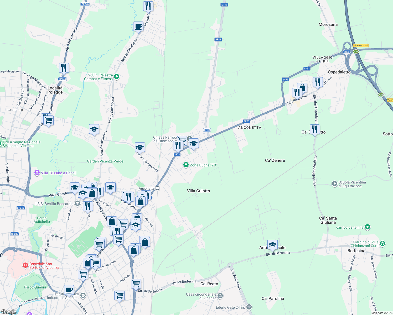 map of restaurants, bars, coffee shops, grocery stores, and more near 20 Via Aurelio dall'Acqua in Vicenza