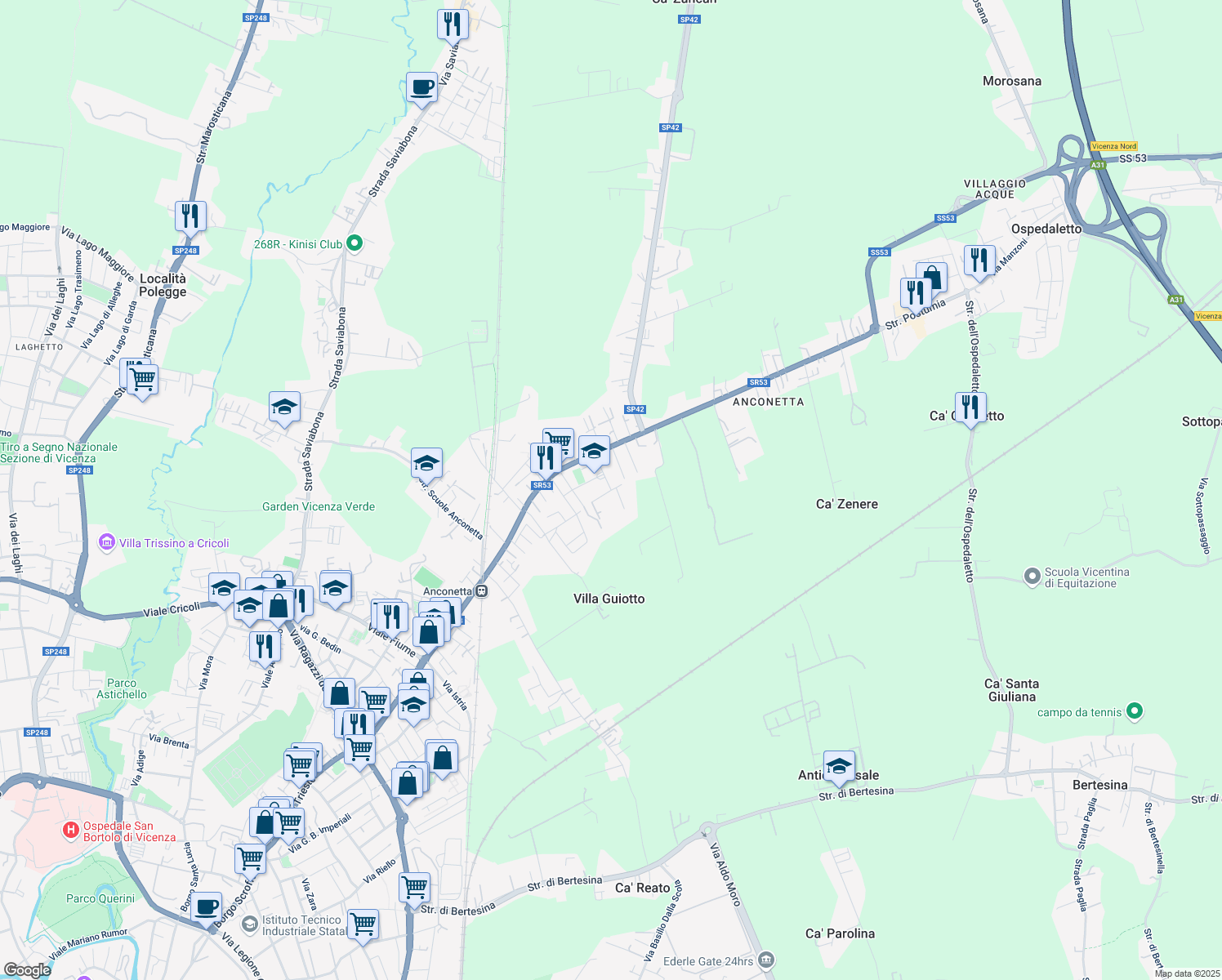 map of restaurants, bars, coffee shops, grocery stores, and more near Via Aurelio dall'Acqua in Vicenza