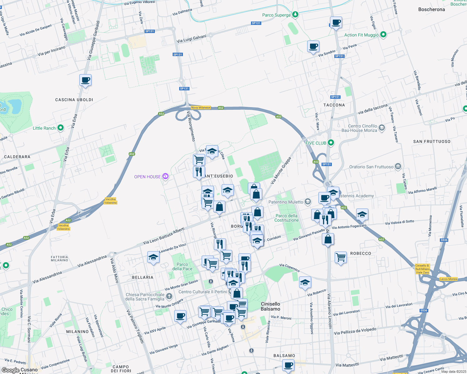 map of restaurants, bars, coffee shops, grocery stores, and more near Via Francesco Cilea in Cinisello Balsamo