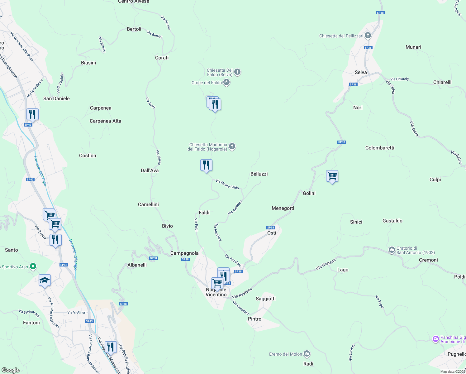 map of restaurants, bars, coffee shops, grocery stores, and more near in Province of Vicenza
