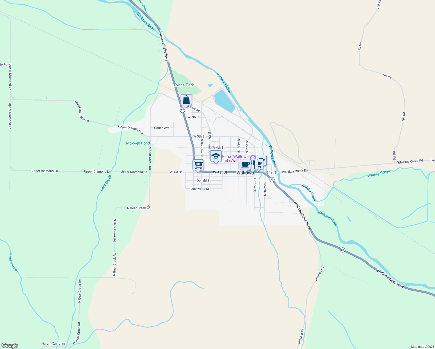 map of restaurants, bars, coffee shops, grocery stores, and more near 306 West 1st Street in Wallowa