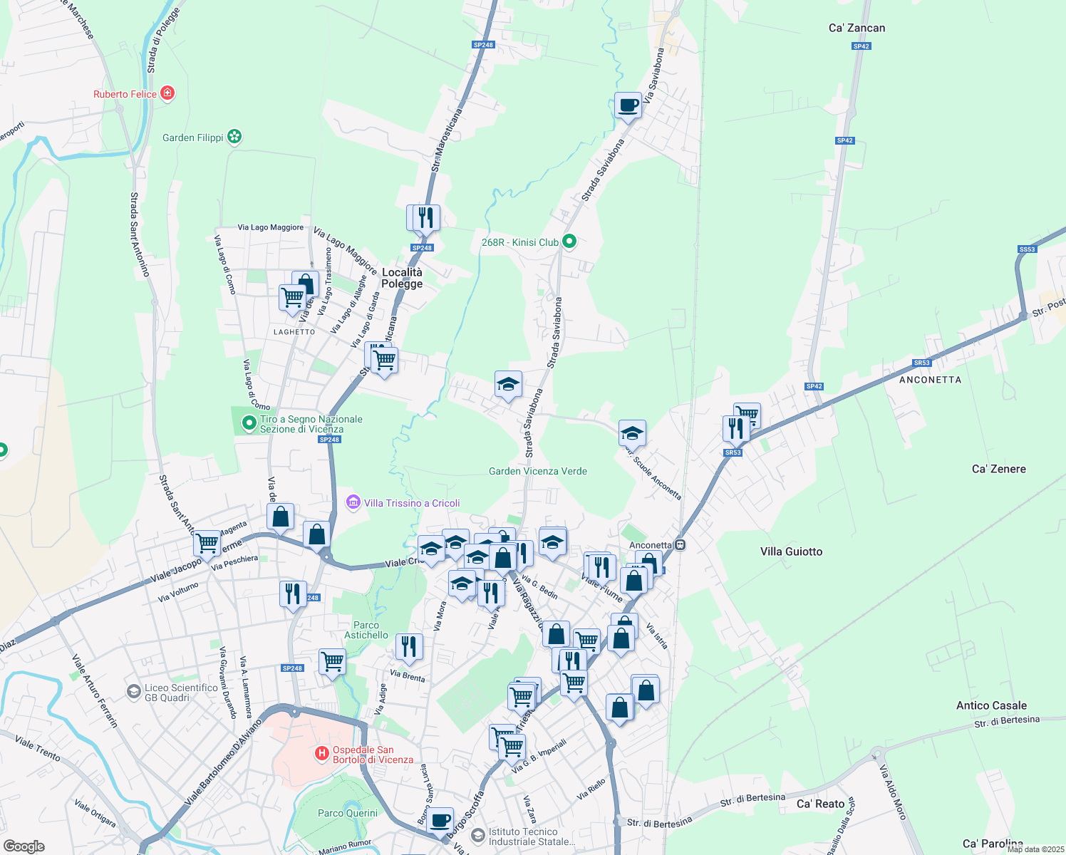 map of restaurants, bars, coffee shops, grocery stores, and more near 94 Strada Saviabona in Vicenza
