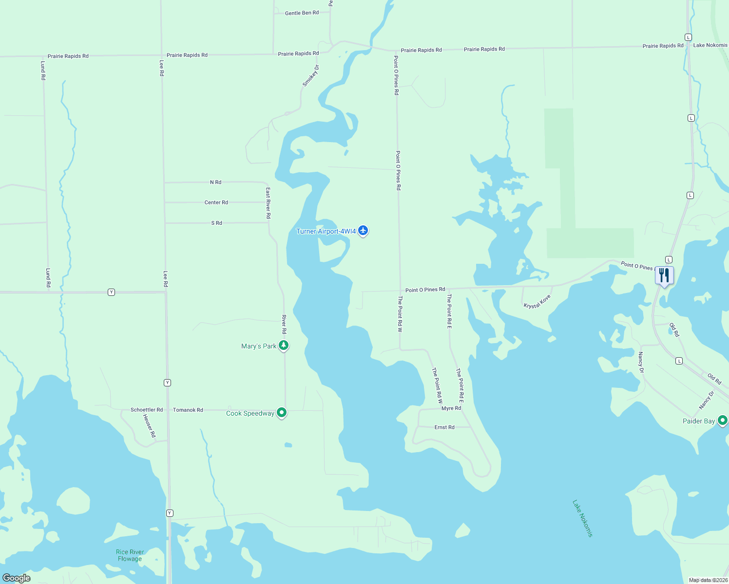 map of restaurants, bars, coffee shops, grocery stores, and more near 10378 Point O' Pines Road West in Tomahawk