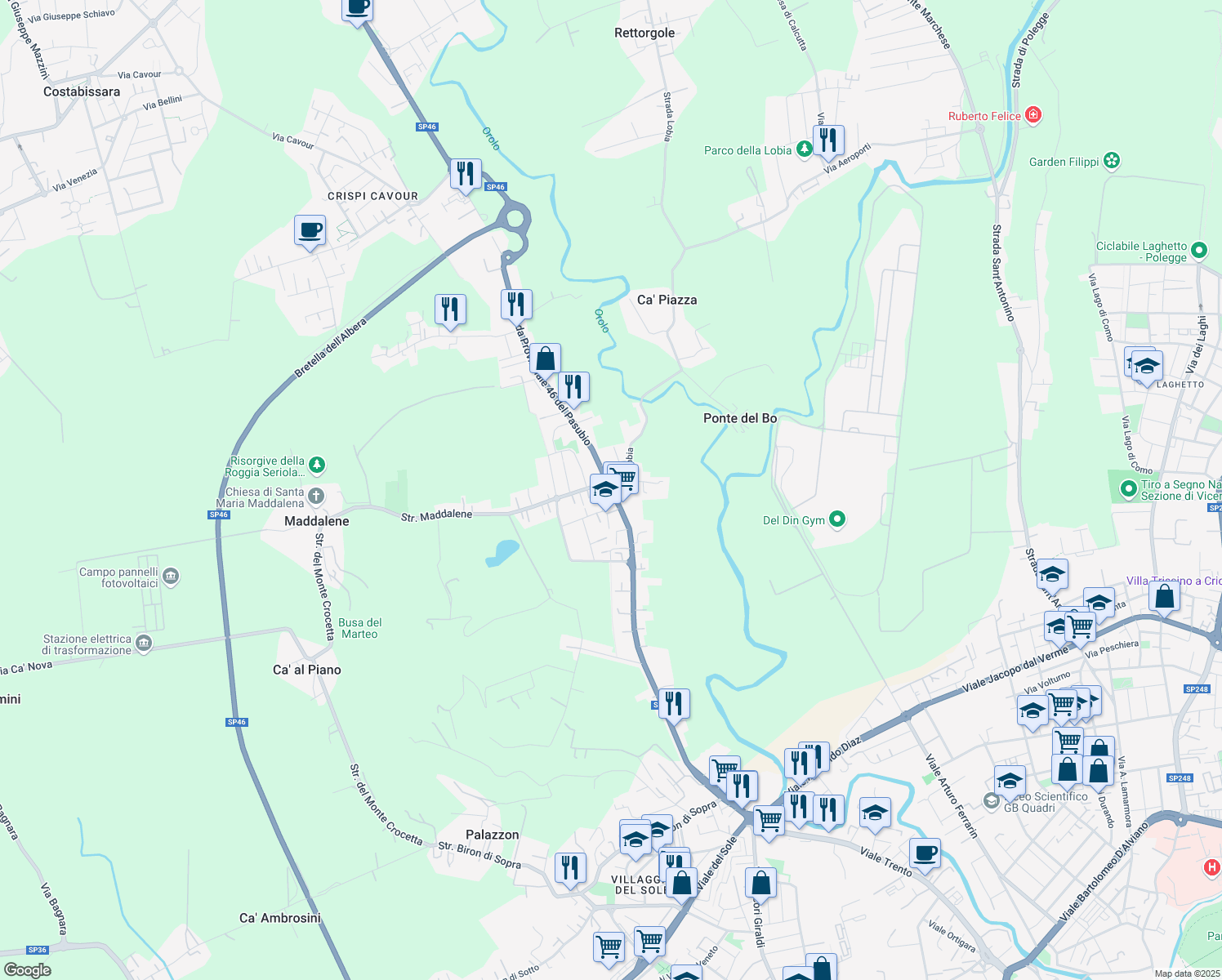 map of restaurants, bars, coffee shops, grocery stores, and more near Strada Provinciale 46 del Pasubio in Vicenza