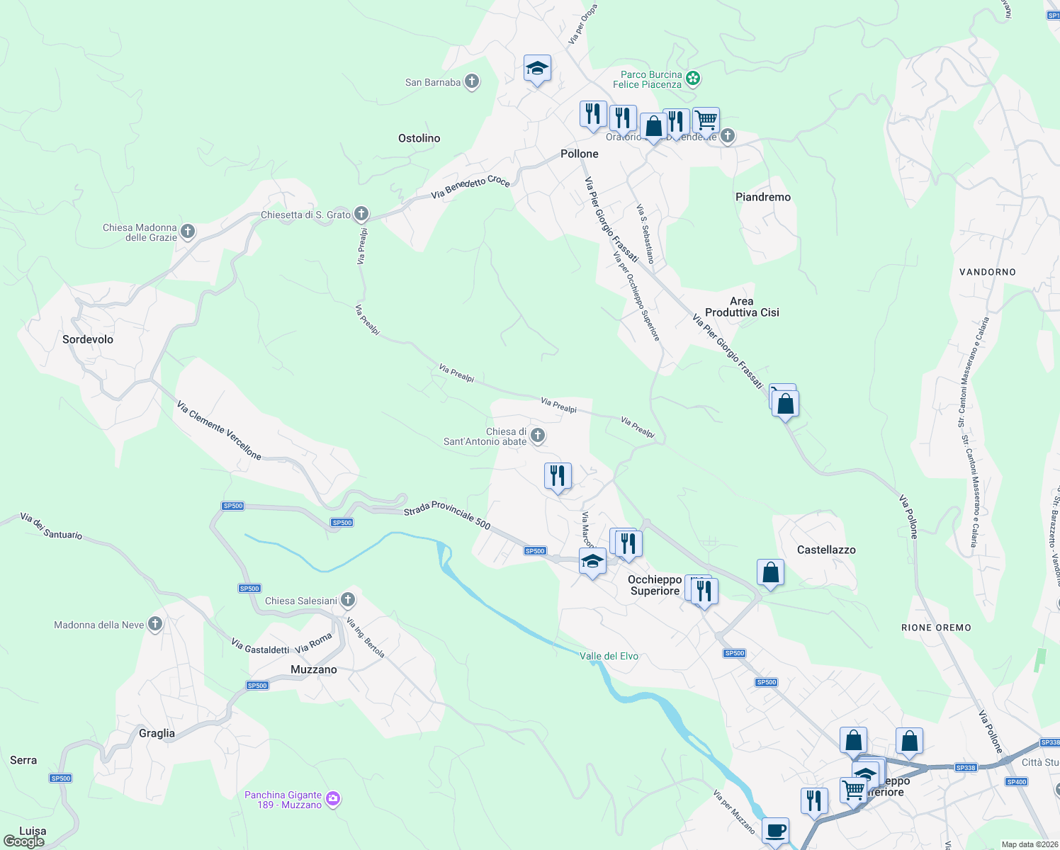 map of restaurants, bars, coffee shops, grocery stores, and more near 1 Vicolo Centrale in Occhieppo Superiore
