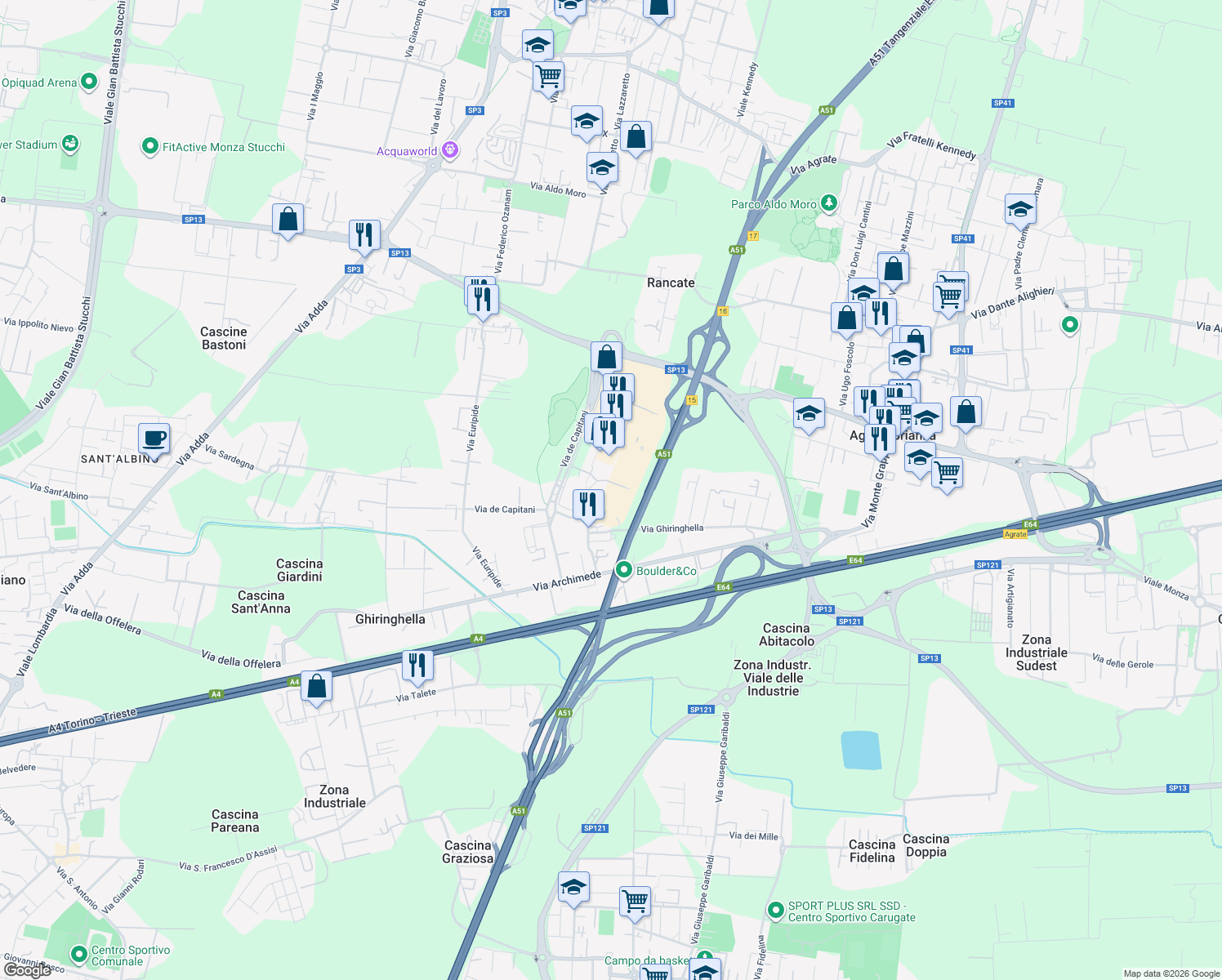 map of restaurants, bars, coffee shops, grocery stores, and more near 22 Via Paracelso in Agrate Brianza