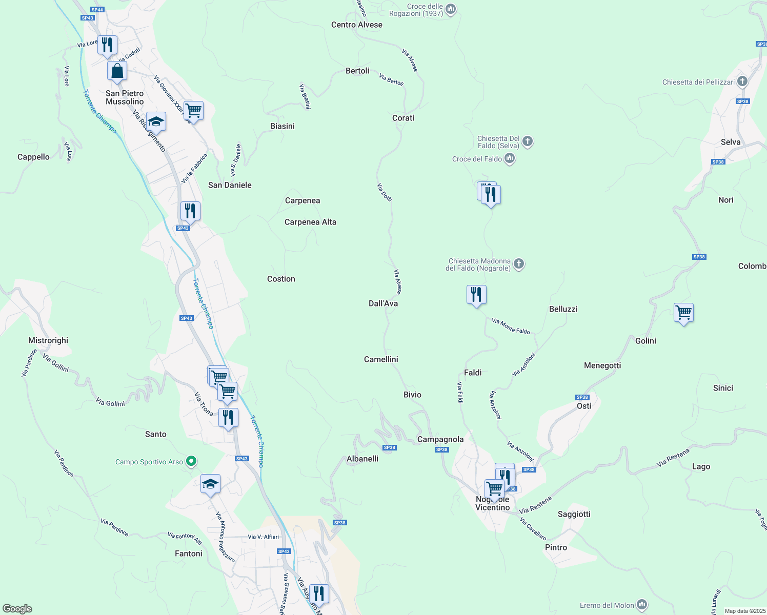 map of restaurants, bars, coffee shops, grocery stores, and more near 24 Via Genero Alvese in Provincia di Vicenza