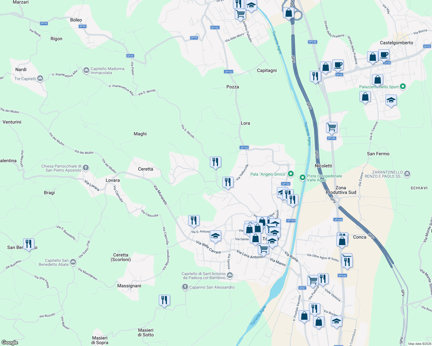 map of restaurants, bars, coffee shops, grocery stores, and more near 45 Via San Nicolò in Trissino