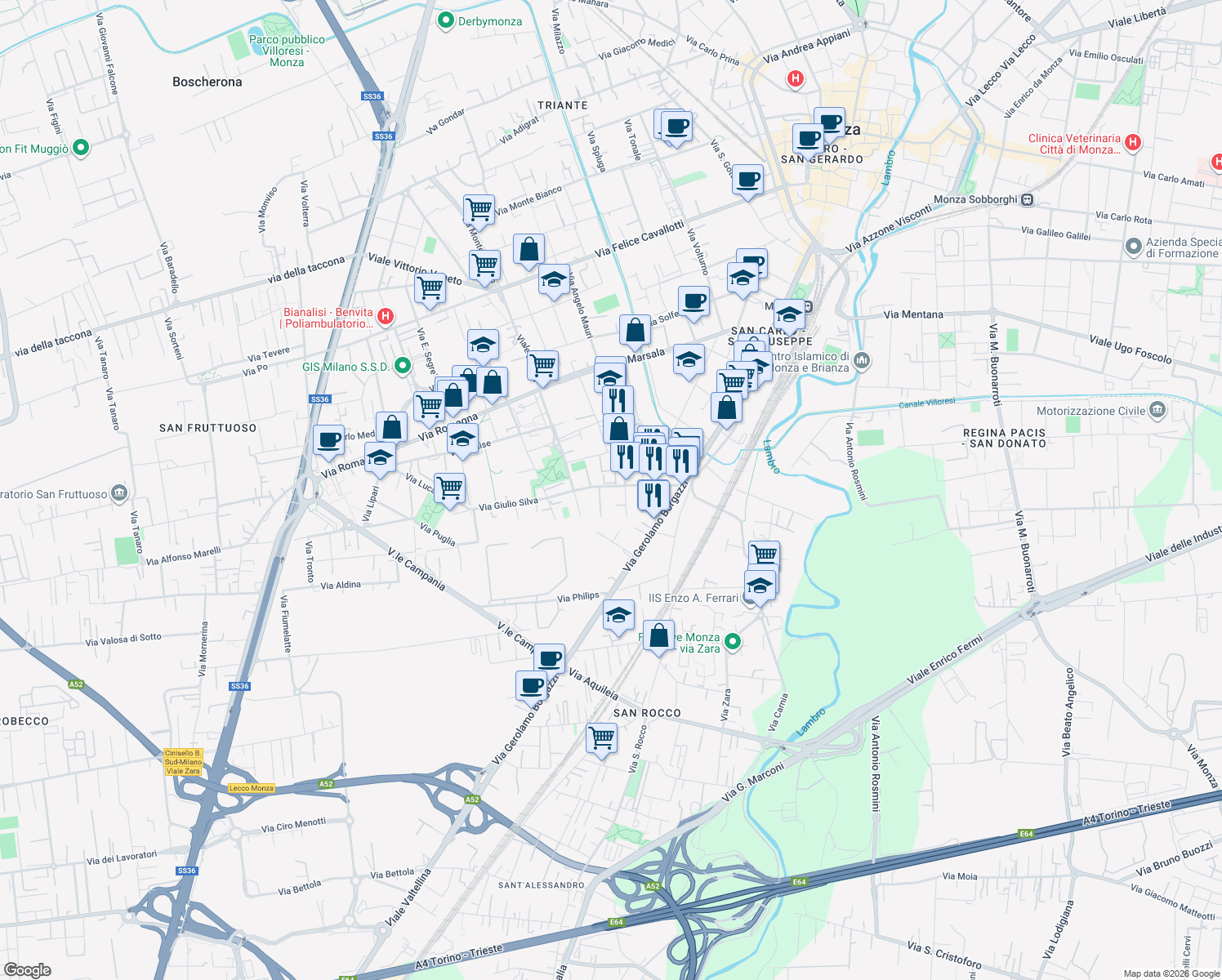 map of restaurants, bars, coffee shops, grocery stores, and more near 33 Via Francesco Domenico Guerrazzi in Monza