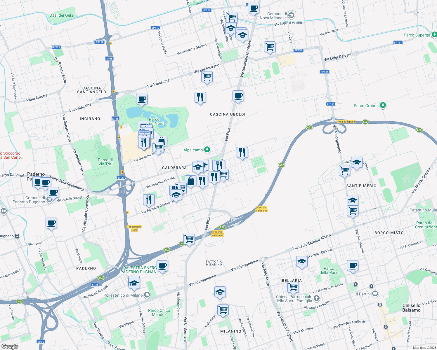 map of restaurants, bars, coffee shops, grocery stores, and more near 1 Via Erba in Paderno Dugnano
