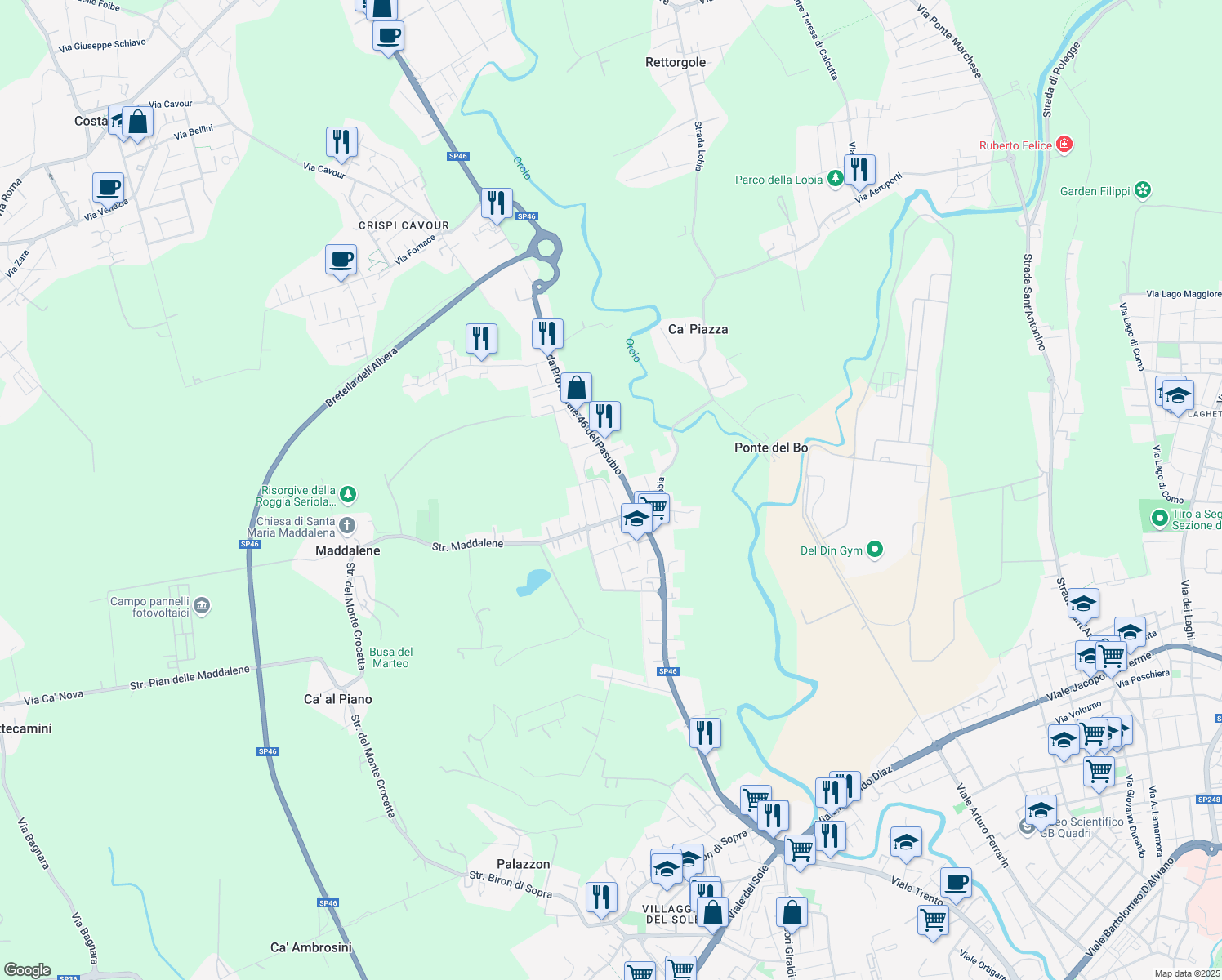 map of restaurants, bars, coffee shops, grocery stores, and more near 26 Via Cereda in Vicenza